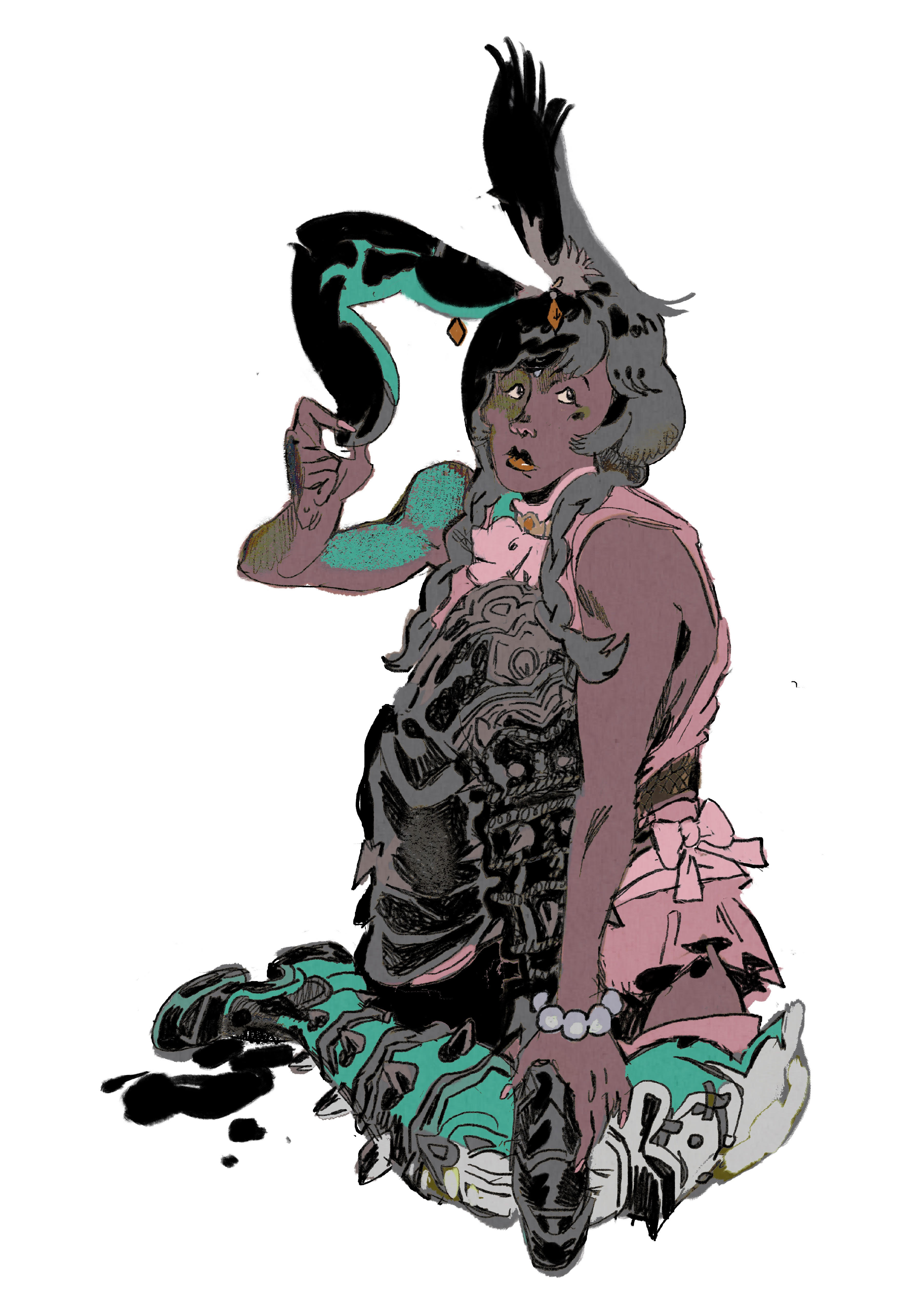 a drawing of meade. she's sitting down and pulling at her ear.